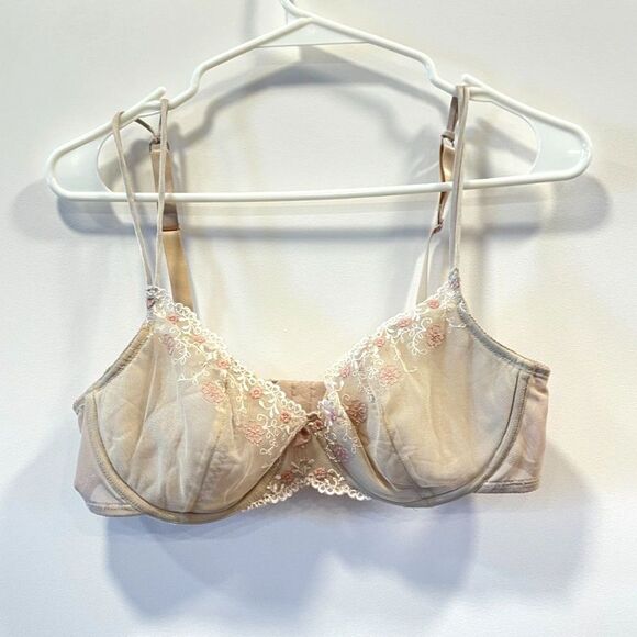 Vintage Y2K Gilligan O Malley Nude Mesh Floral Lace Bra 36C Pink White 2000s EUC - Picture 1 of 4